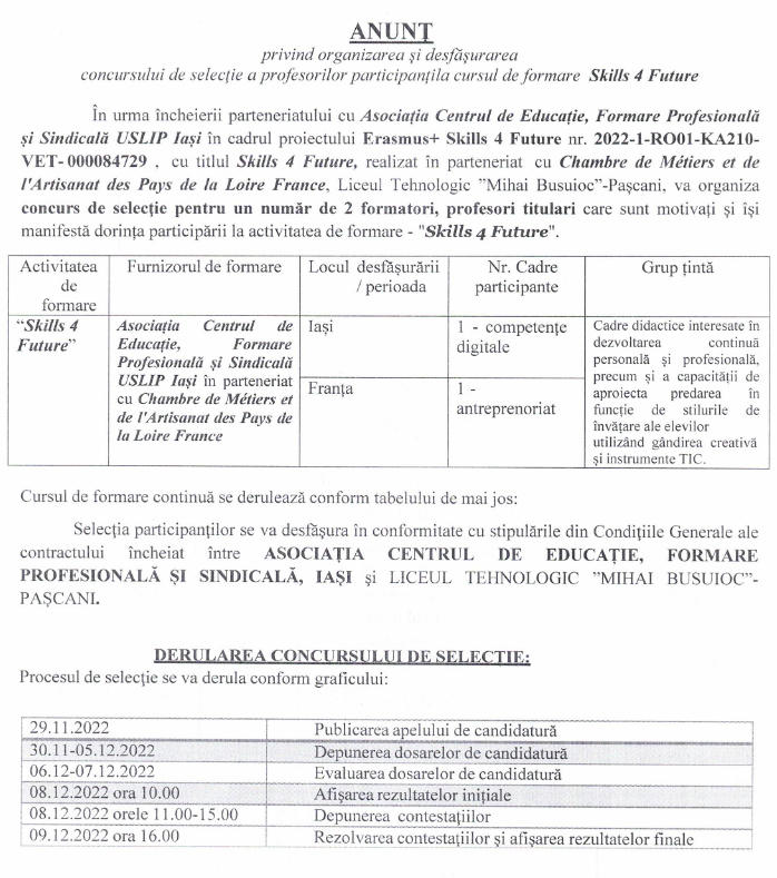 Anunt selectie profesori erasmus